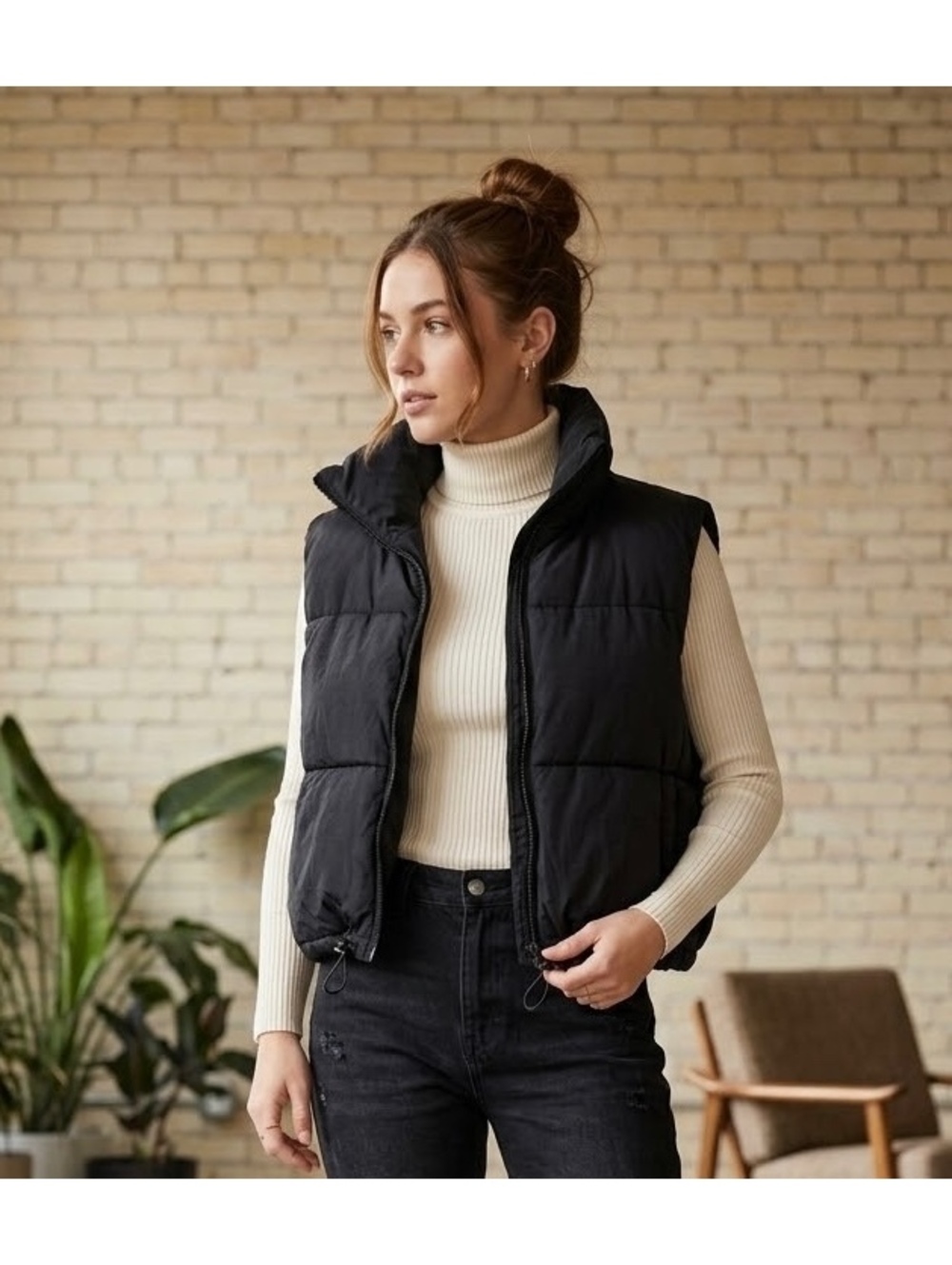 Black Puffer Vest with High Collar and Adjustable Drawstring